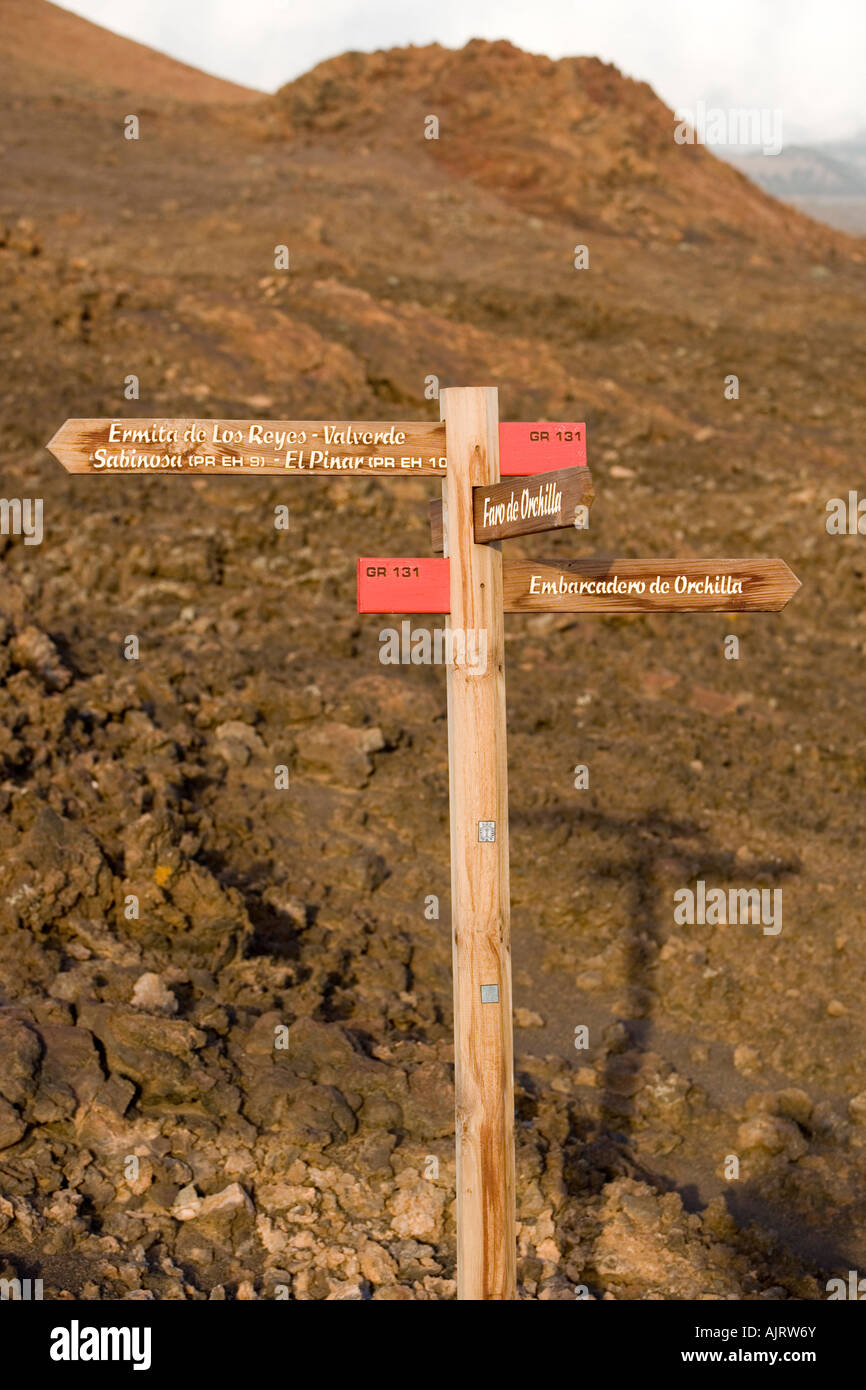 El Hierro Direction sign to the lighthouse Faro the Orchilla The lighthous is at the world's edge. Stock Photo