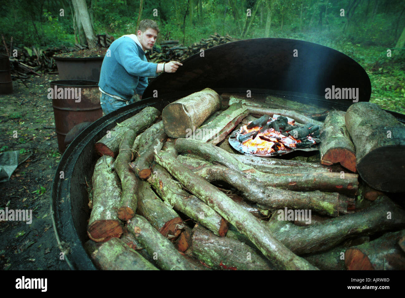 A charcoal burner at work in Warwickshire. Stock Photo