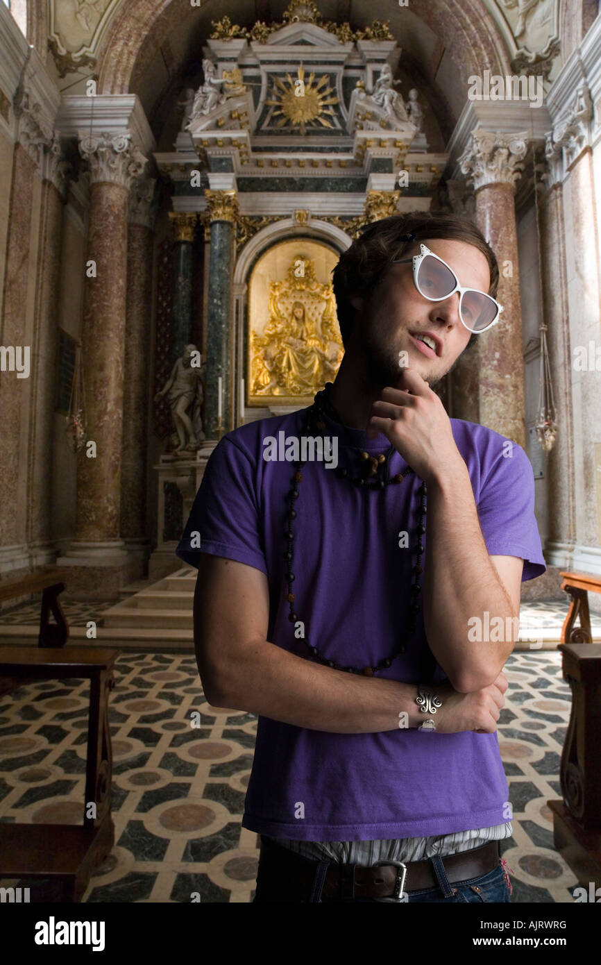 Young Man with Sunglasses in a Church Stock Photo Alamy