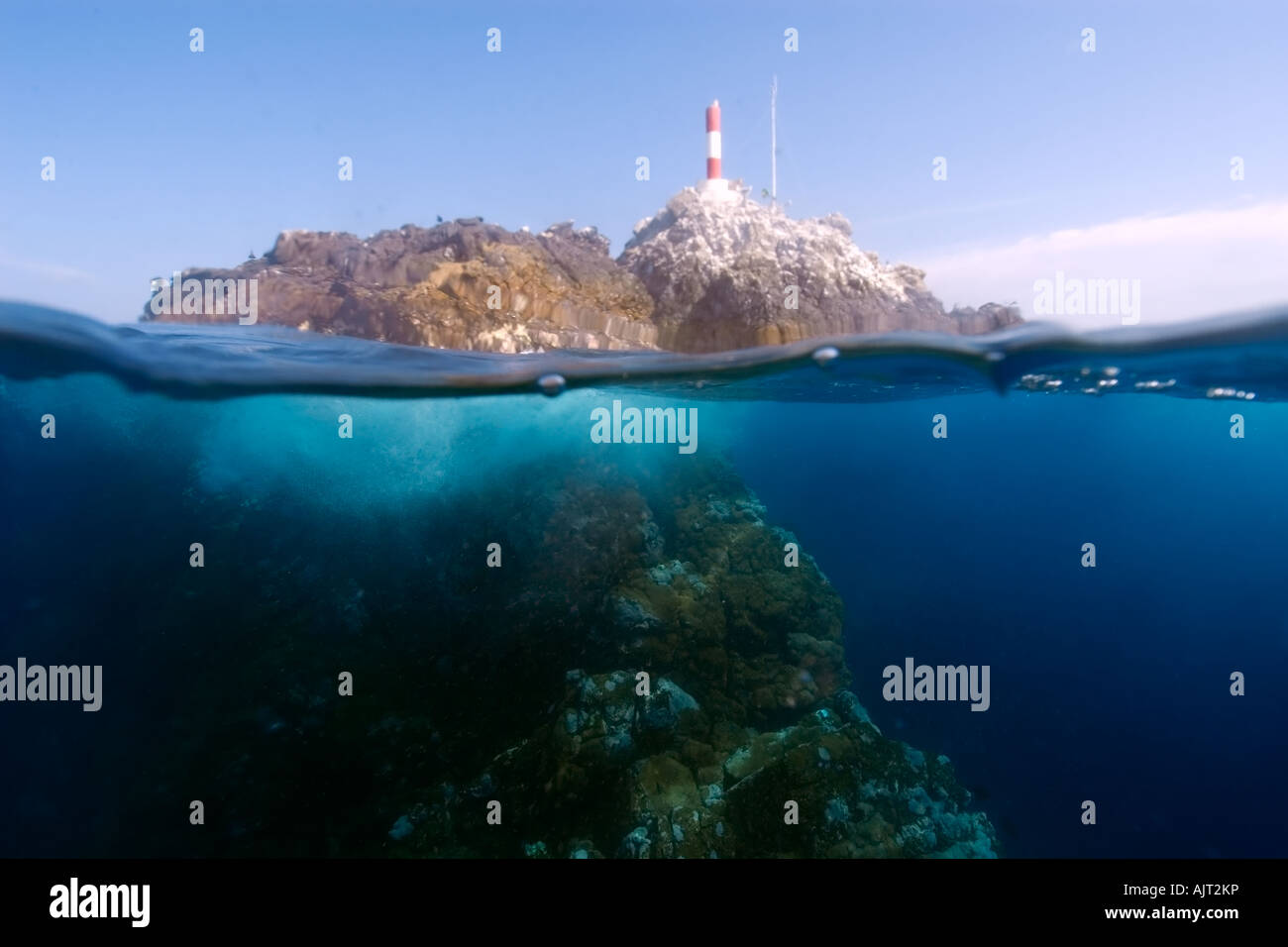 Split image of rocks lighthouse and underwater substrate St Peter and