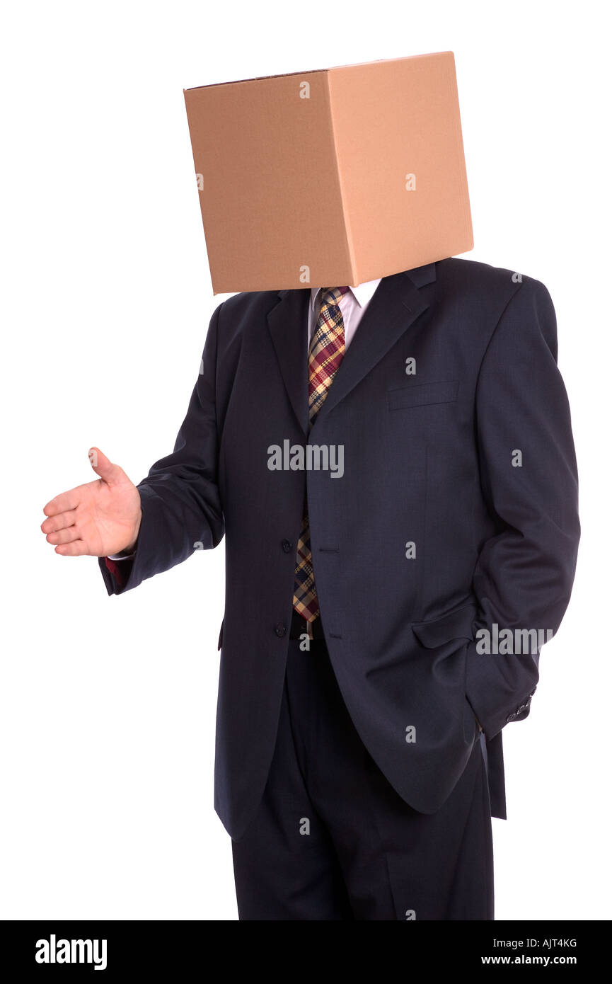 Anonymous businessman with a box on his head offering a handshake Stock Photo
