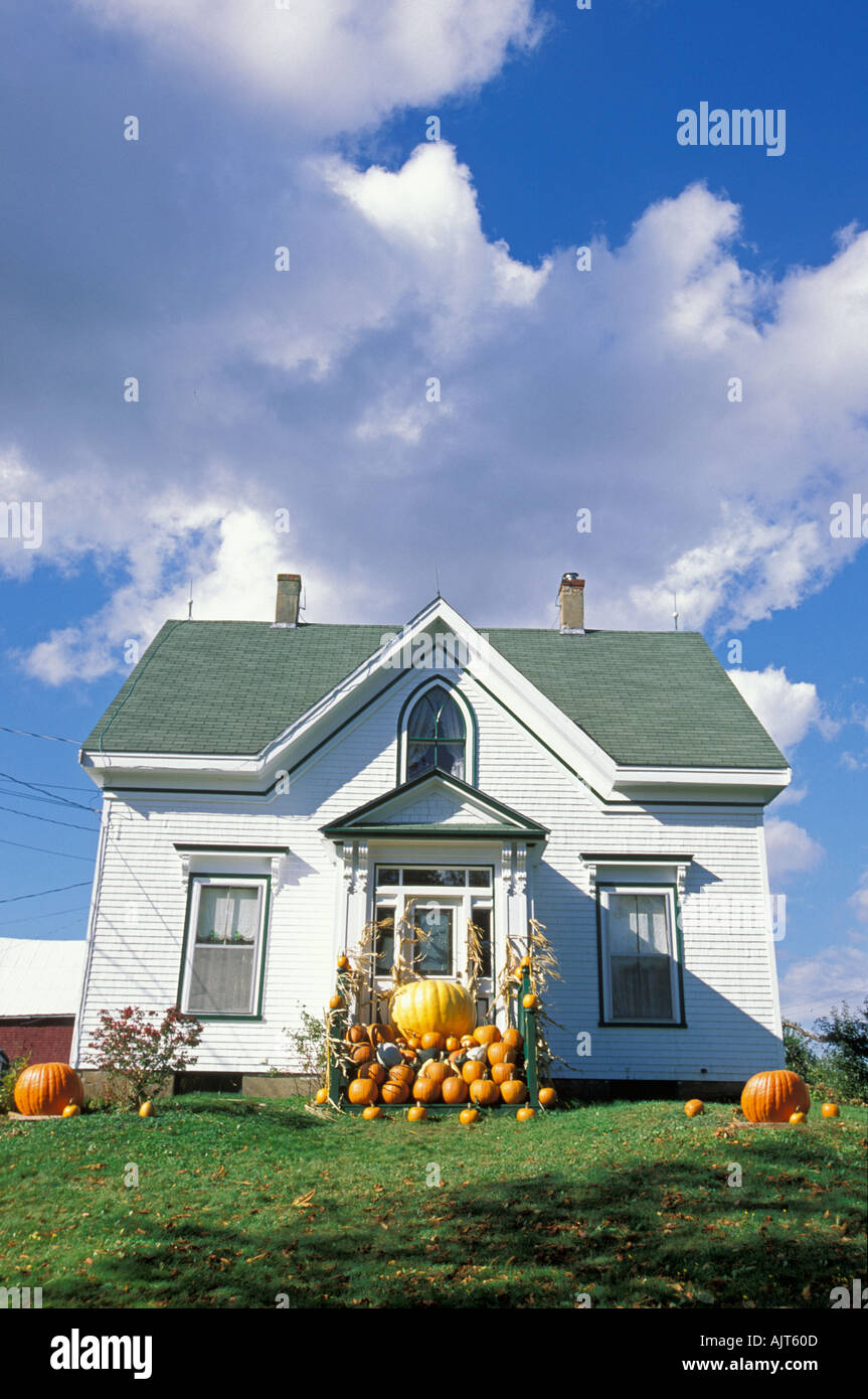 Halloween large pumpkins stacked on house porch at Howard Dills pumpkin farm, Nova Scotia, Canada Stock Photo