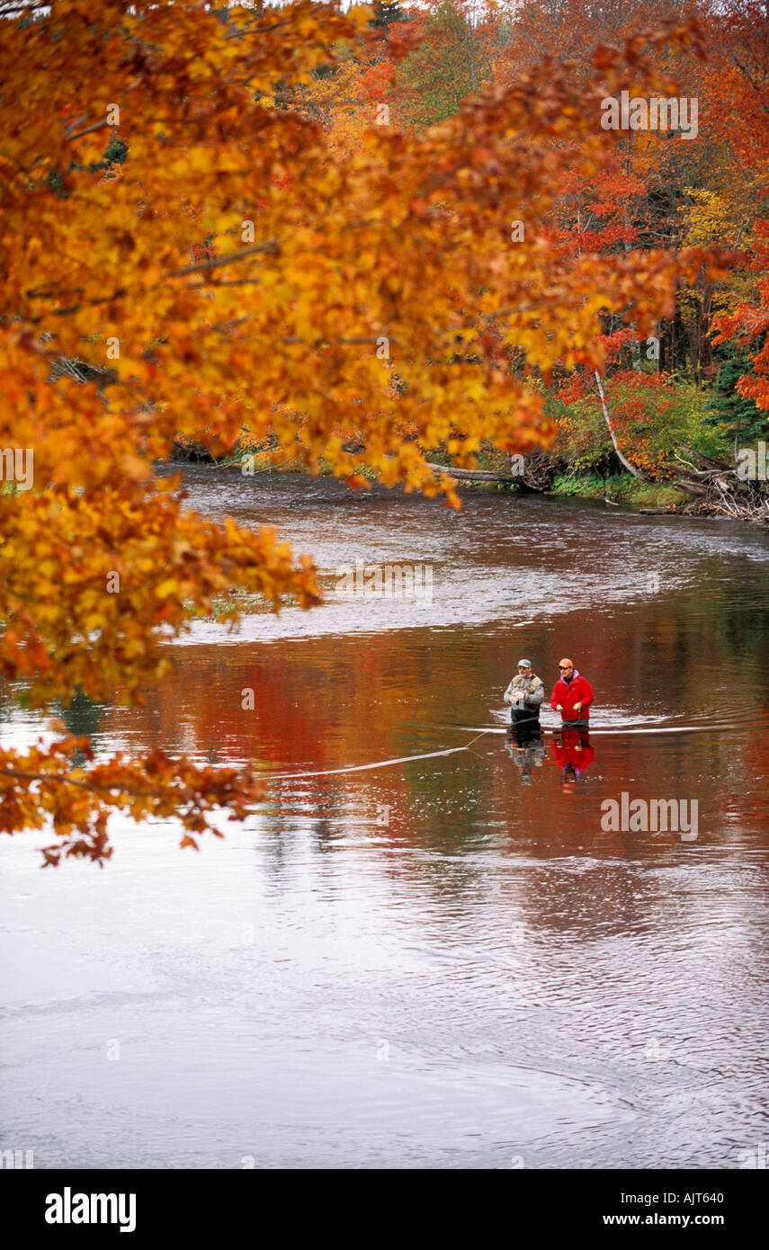 CANADA Nova Scotia Cabot trail fly fisherman fishing for Atlantic Salmon in the Margaree River with atumn colors Stock Photo