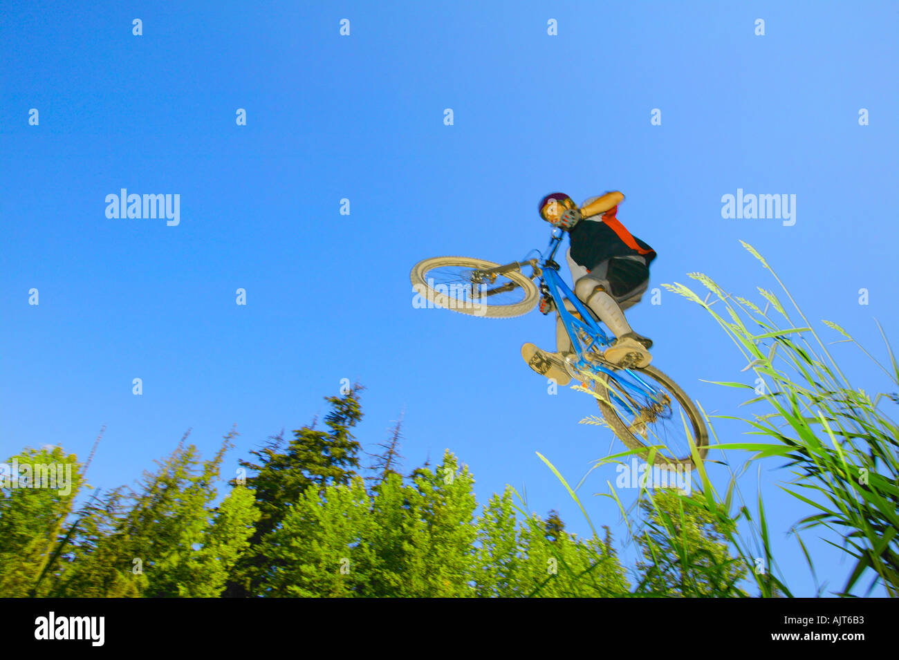 Mountain biker in air against blue sky Stock Photo