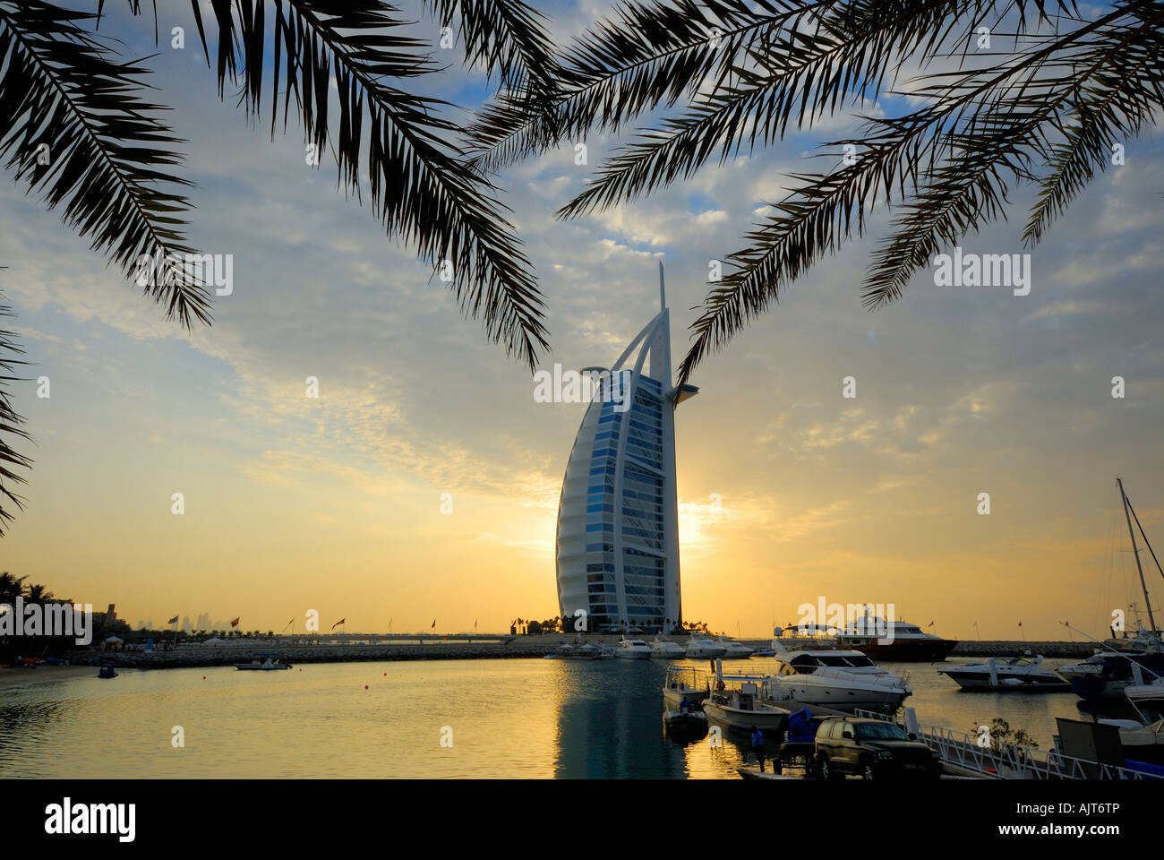 luxurious hotel Burj Al Arab, Burj al Arab hotel at sunset, Dubai, United Arab Emirates Stock Photo