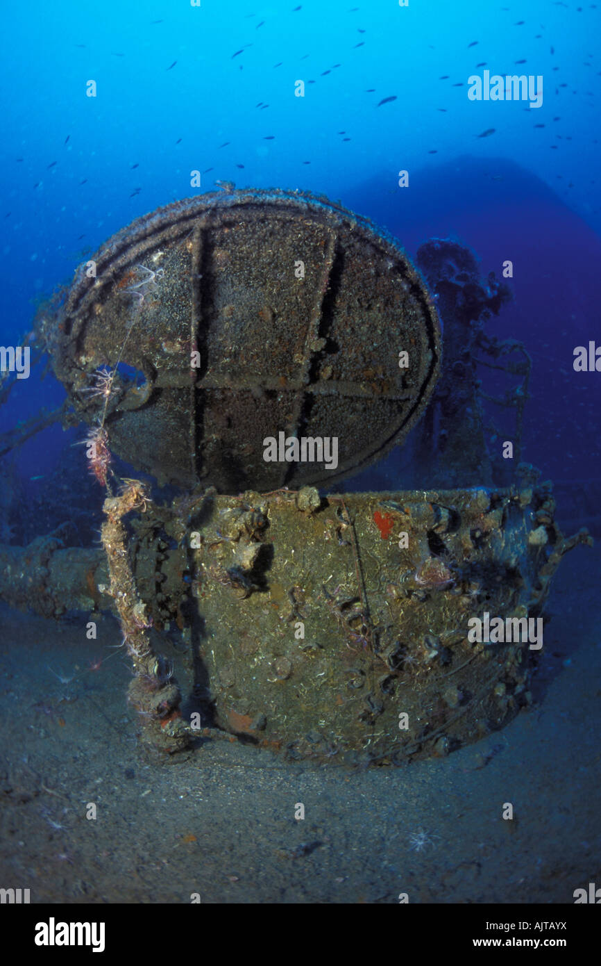 hatchway on the foredeck of the Amoco Milford Haven oil tanker wreck Liguria Mediterranean Sea Italy Stock Photo