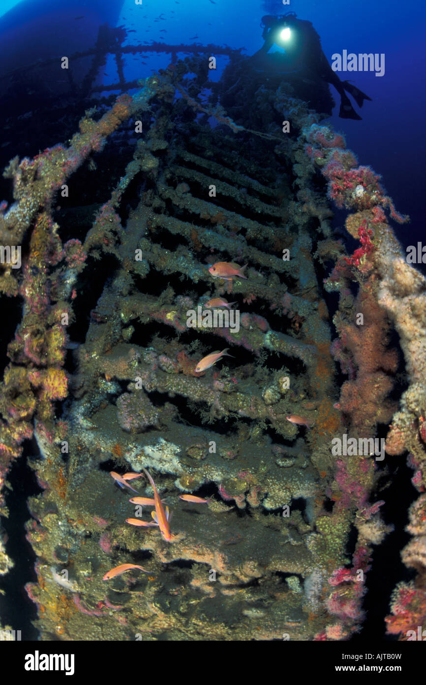 scuba diver and stairs Amoco Milford Haven oil tanker wreck Liguria Mediterranean Sea Italy Stock Photo