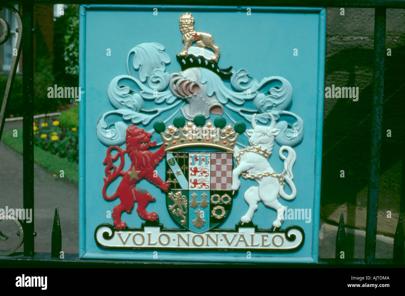 A coat of arms on a gate, Morpeth, Northumberland, England, UK. Stock Photo