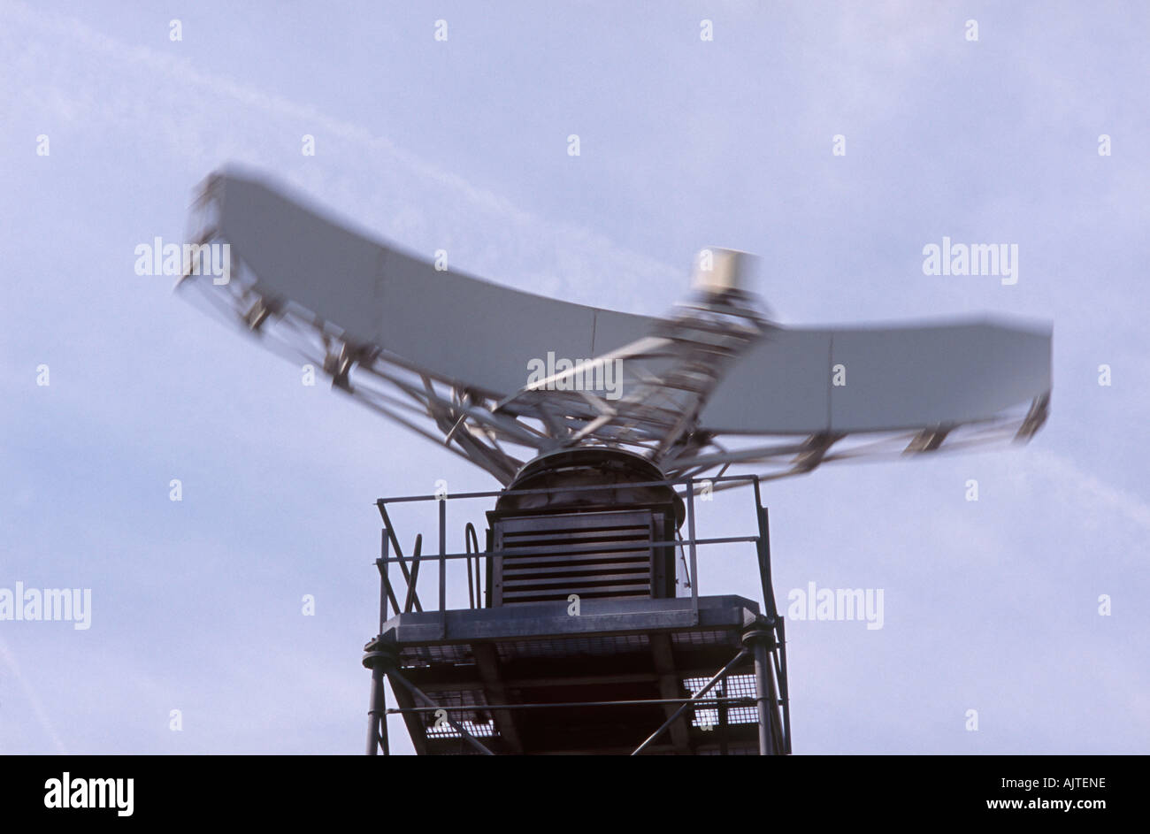 Radar in blurred motion on tower above White Cliffs of Dover, England