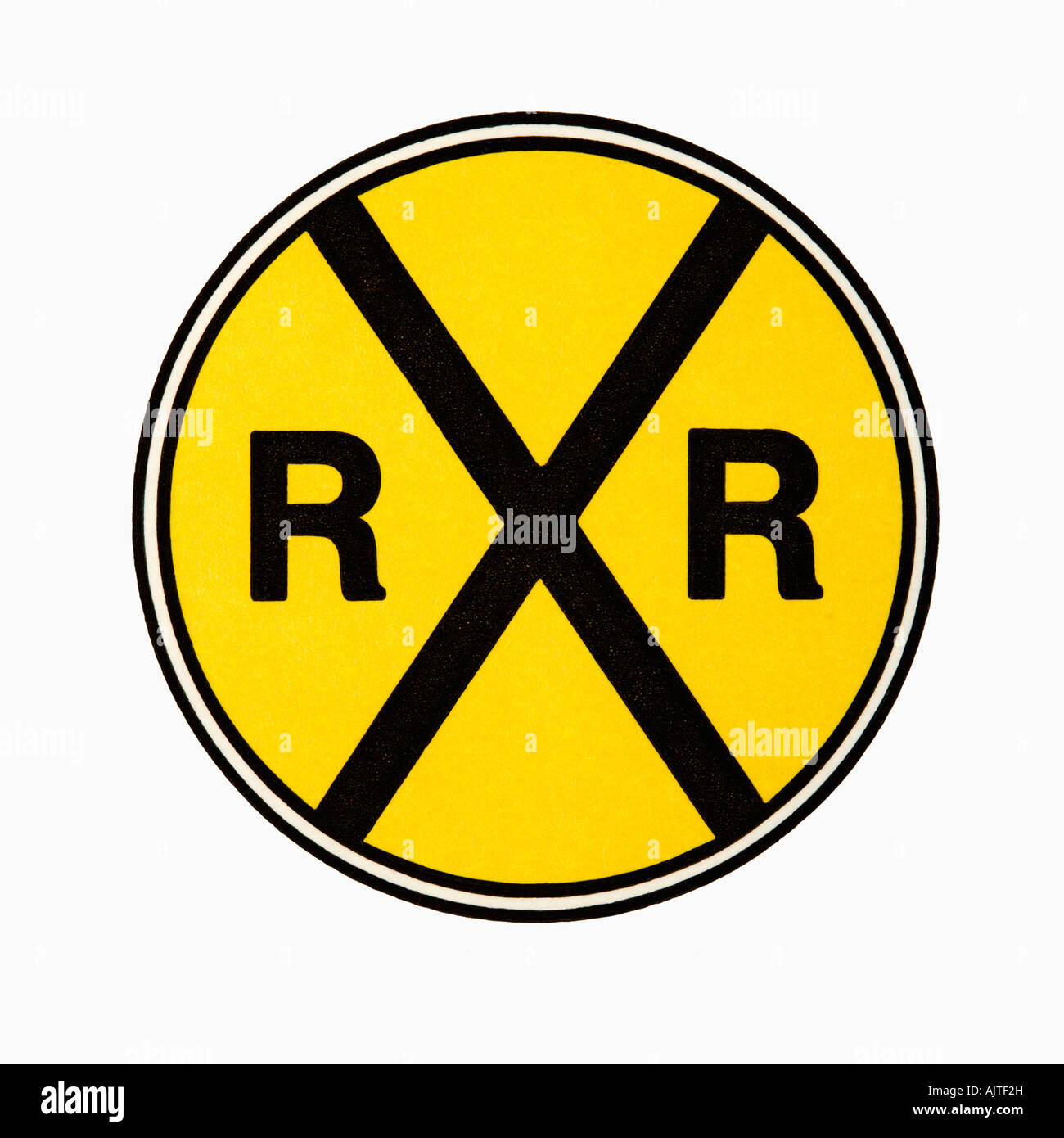Railroad crossing sign against white background Stock Photo Alamy