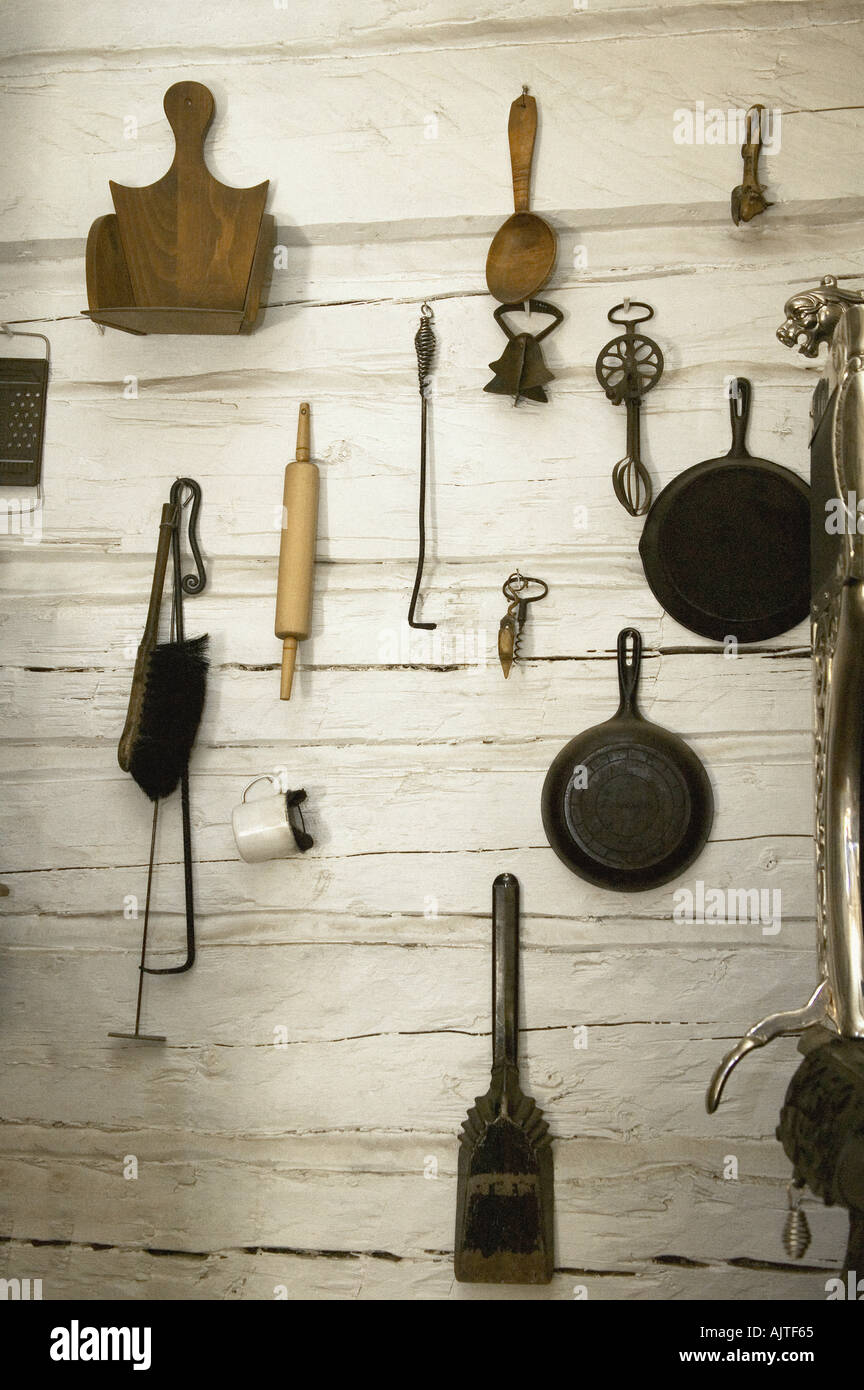 collection of old fashioned kitchen utensils and implements Stock Photo