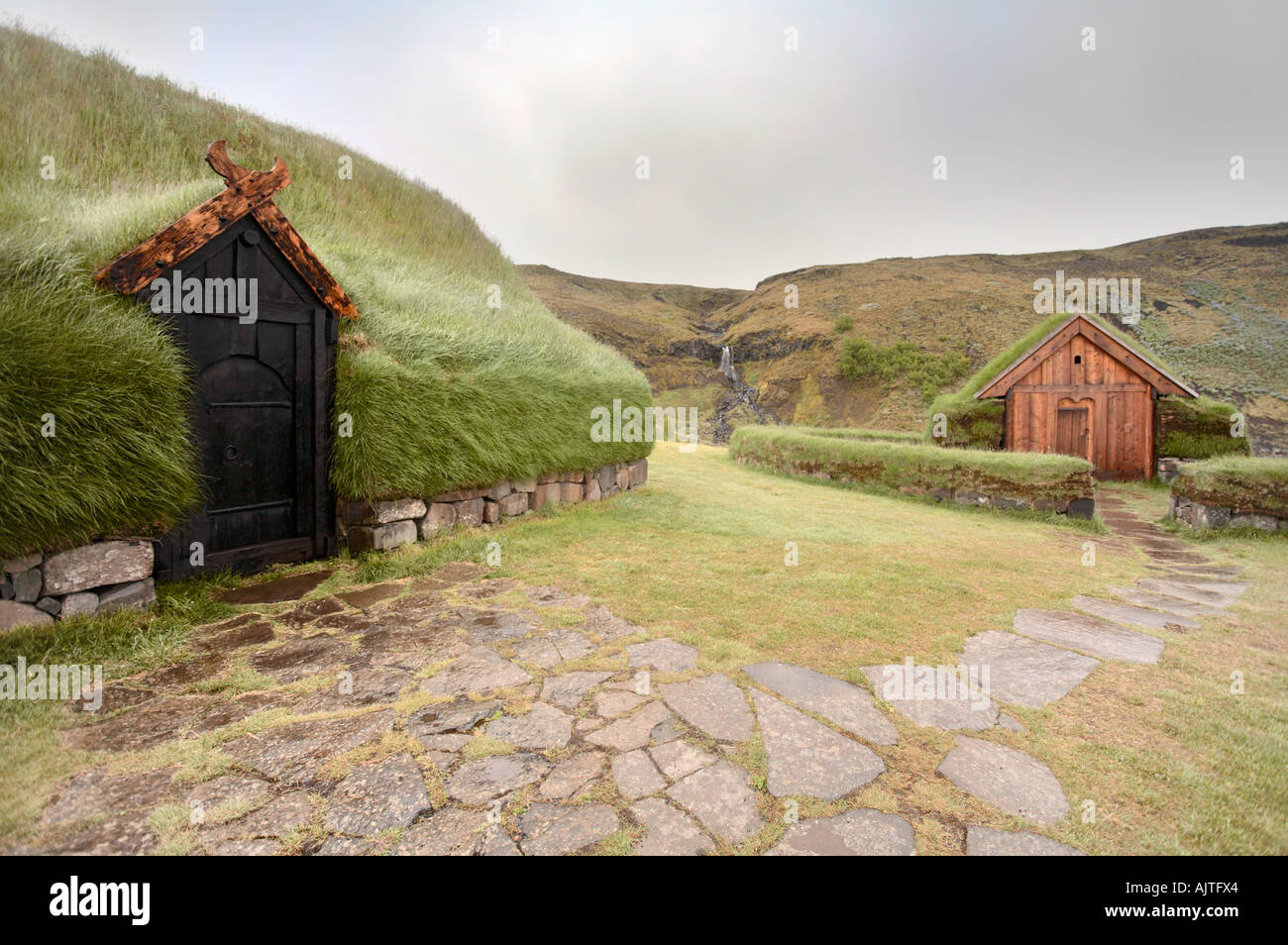 Saga Age Farm reconstruction named Thjorsardalur, Thjodveldisbaer, Iceland Stock Photo