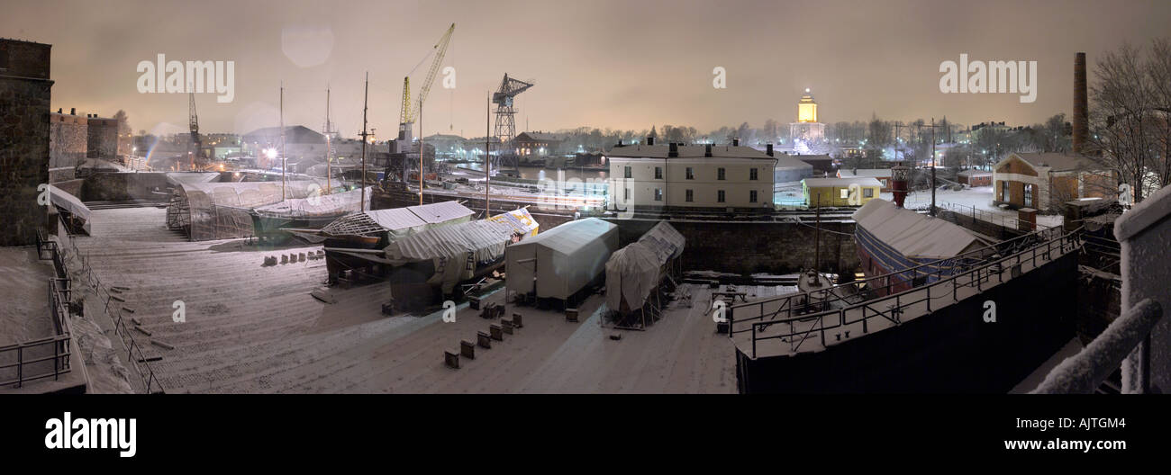 Panorama of the dry docks in winter at the Suomenlinna sea fortress, Helsinki, Finland Stock Photo