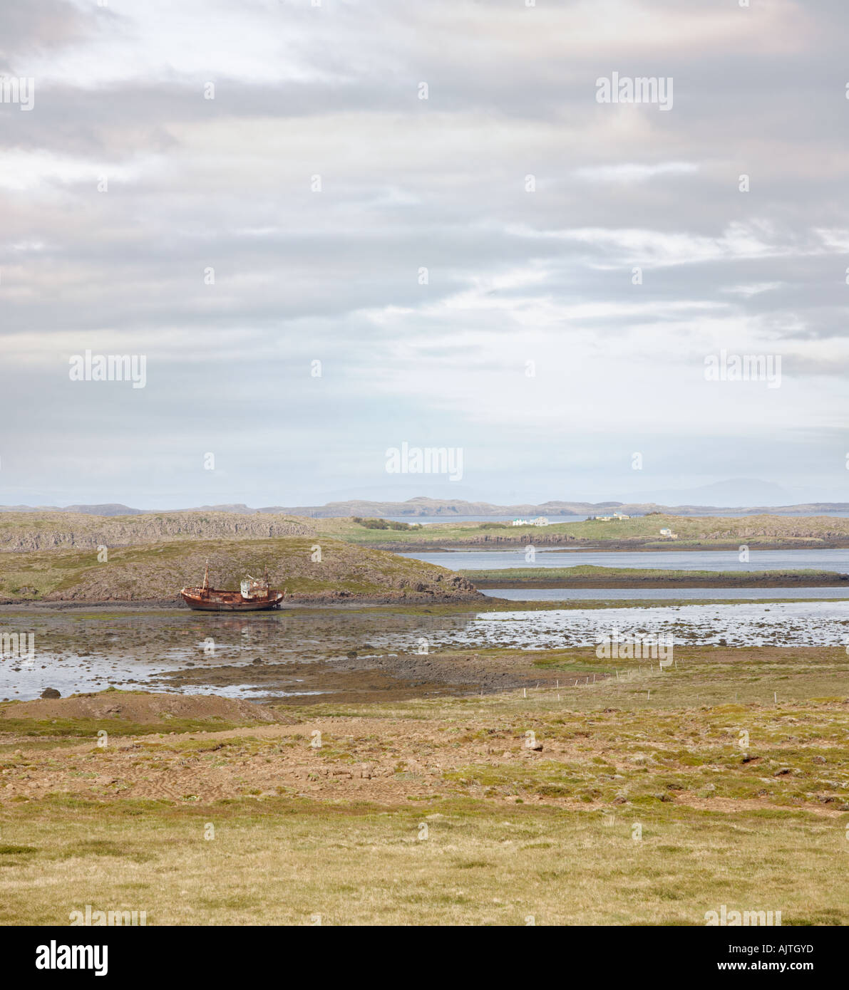Shipwrecked boat near Stykkisholmur, Snaefellsnes peninsula, Iceland Stock Photo