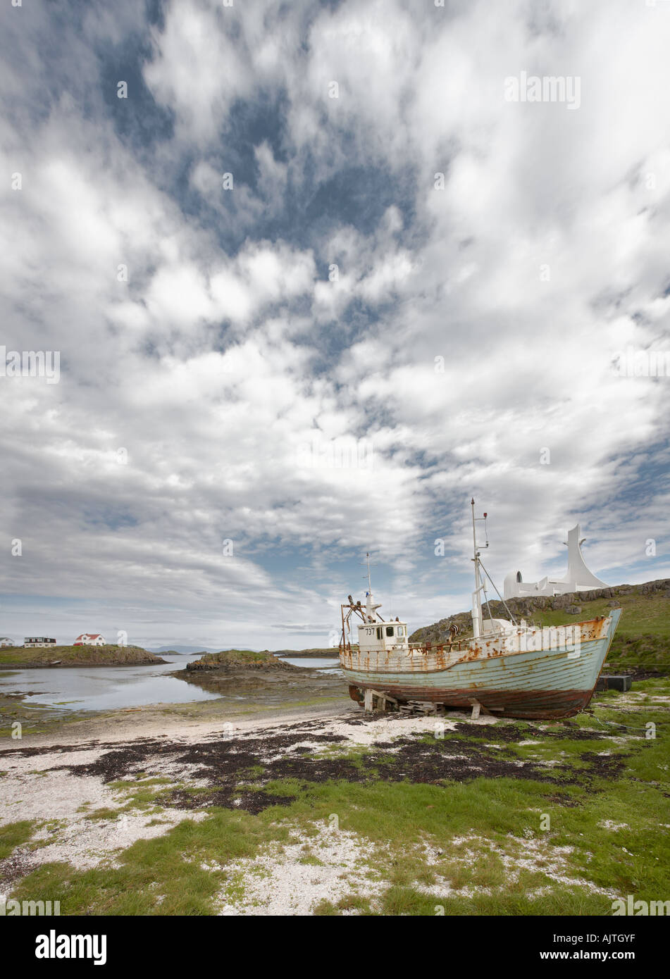 Fishing boats on a beach in Stykkisholmur Snaefellsnes peninsula Iceland Stock Photo