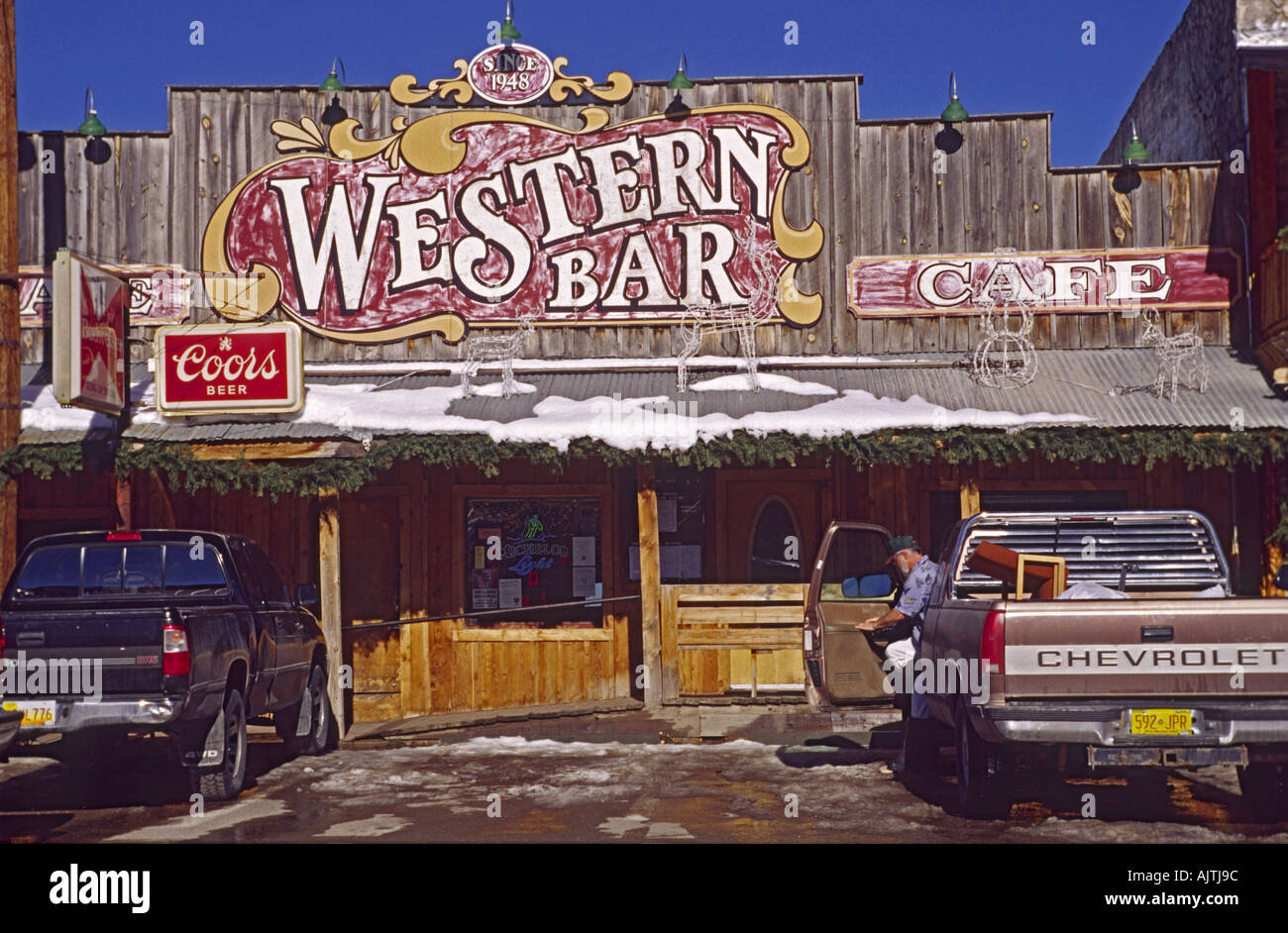 Western Bar at Burro Avenue in Cloudcroft, winter, New Mexico, USA Stock Photo