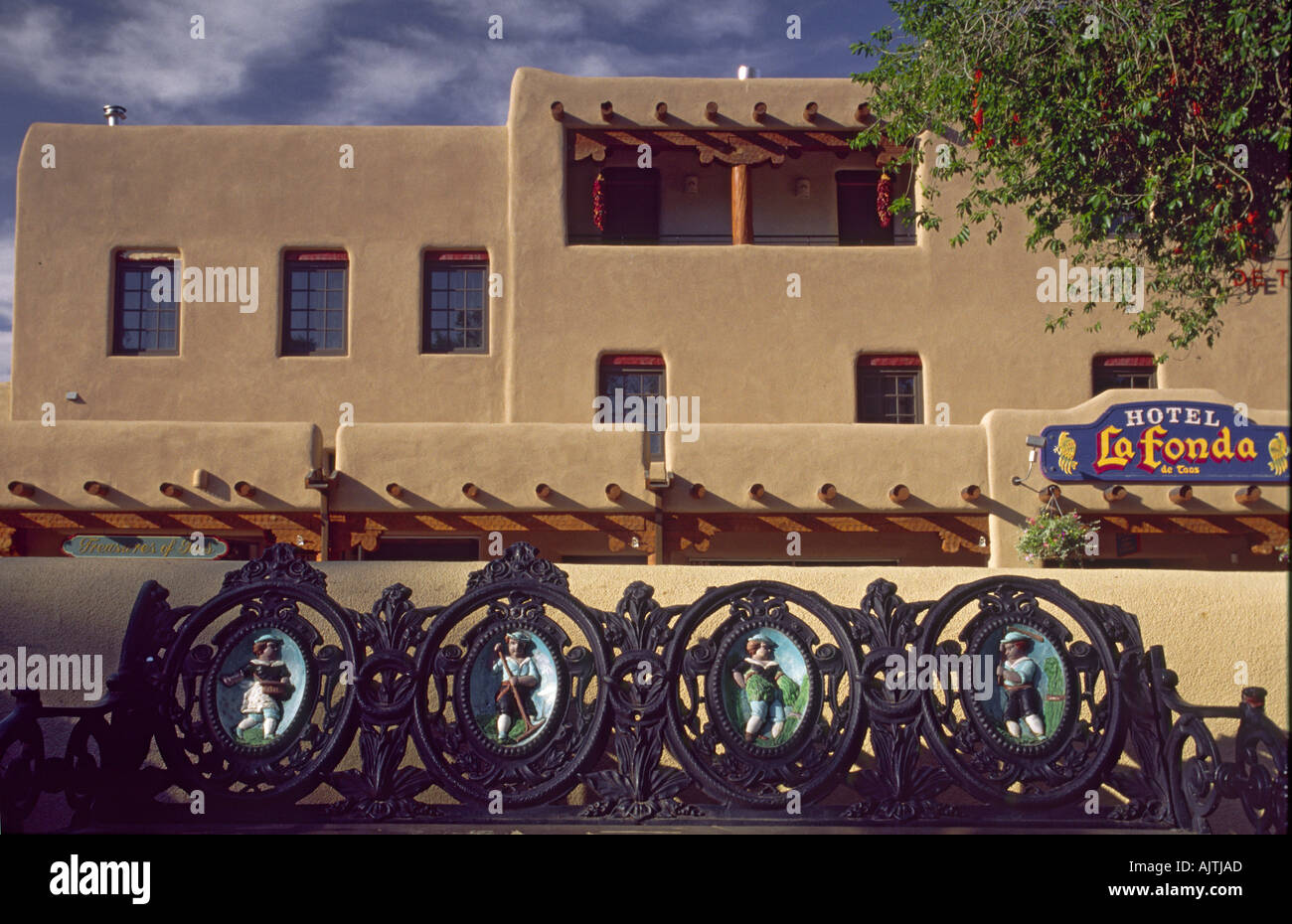 Wrought iron bench, Hotel La Fonda at Plaza in Taos, New Mexico, USA