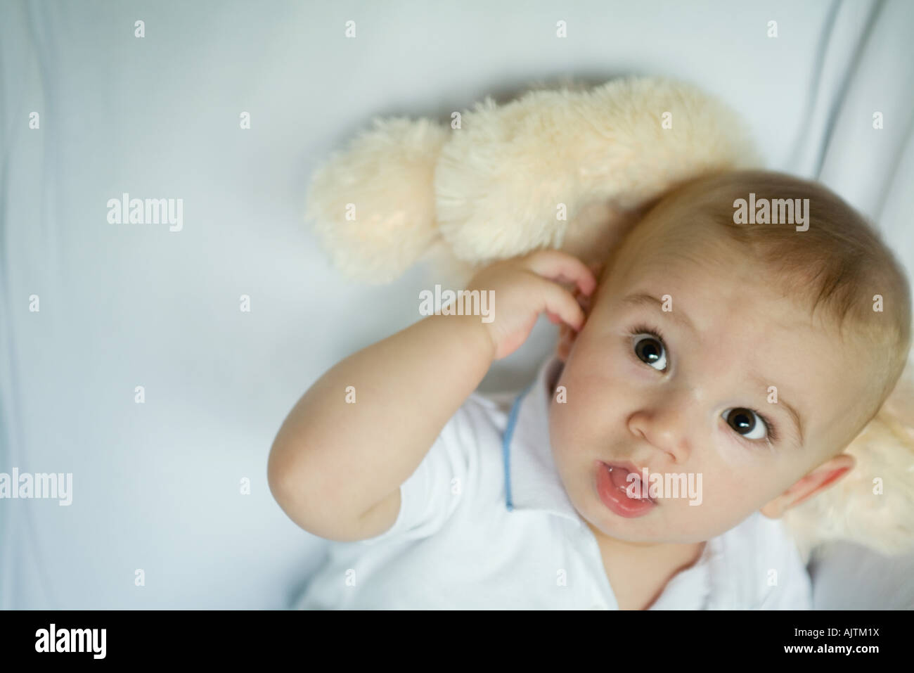 Baby lying with head on stuffed animal, raising eyebrows, touching ear Stock Photo