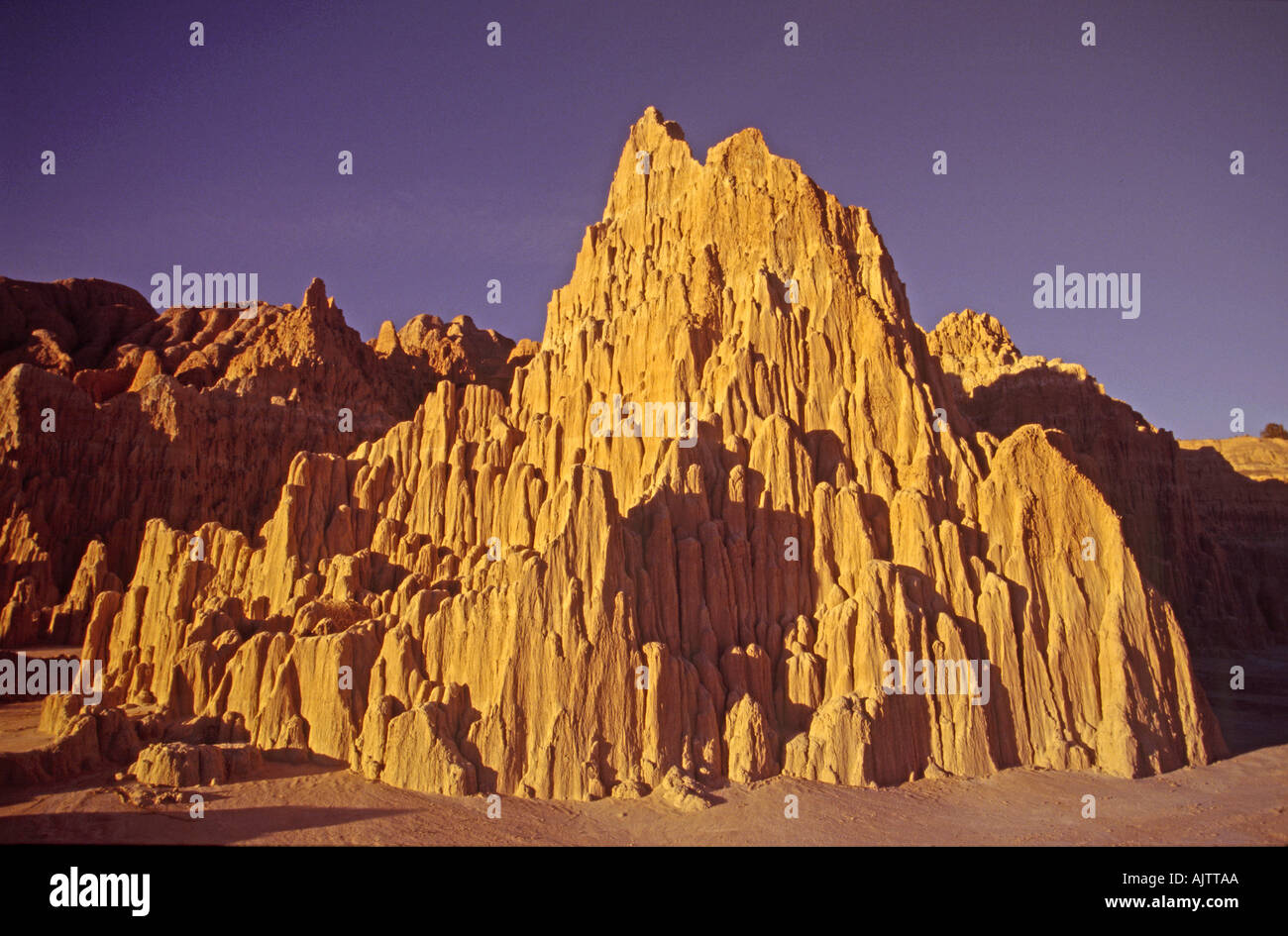 Panaca Formation rocks at sunset, Cathedral Gorge State Park, Nevada, USA Stock Photo