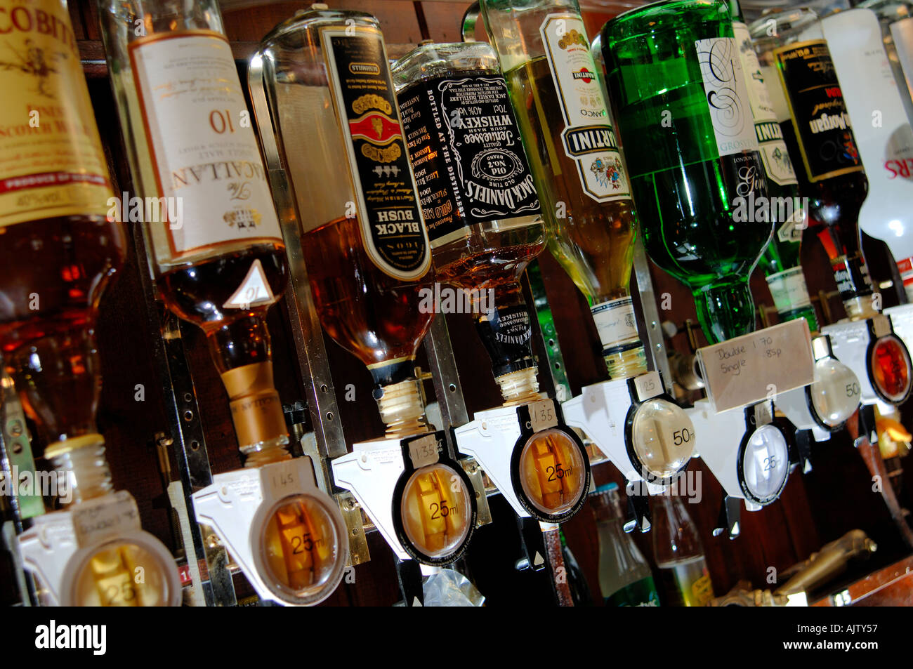 spirit optics behing bar in public house Stock Photo Alamy