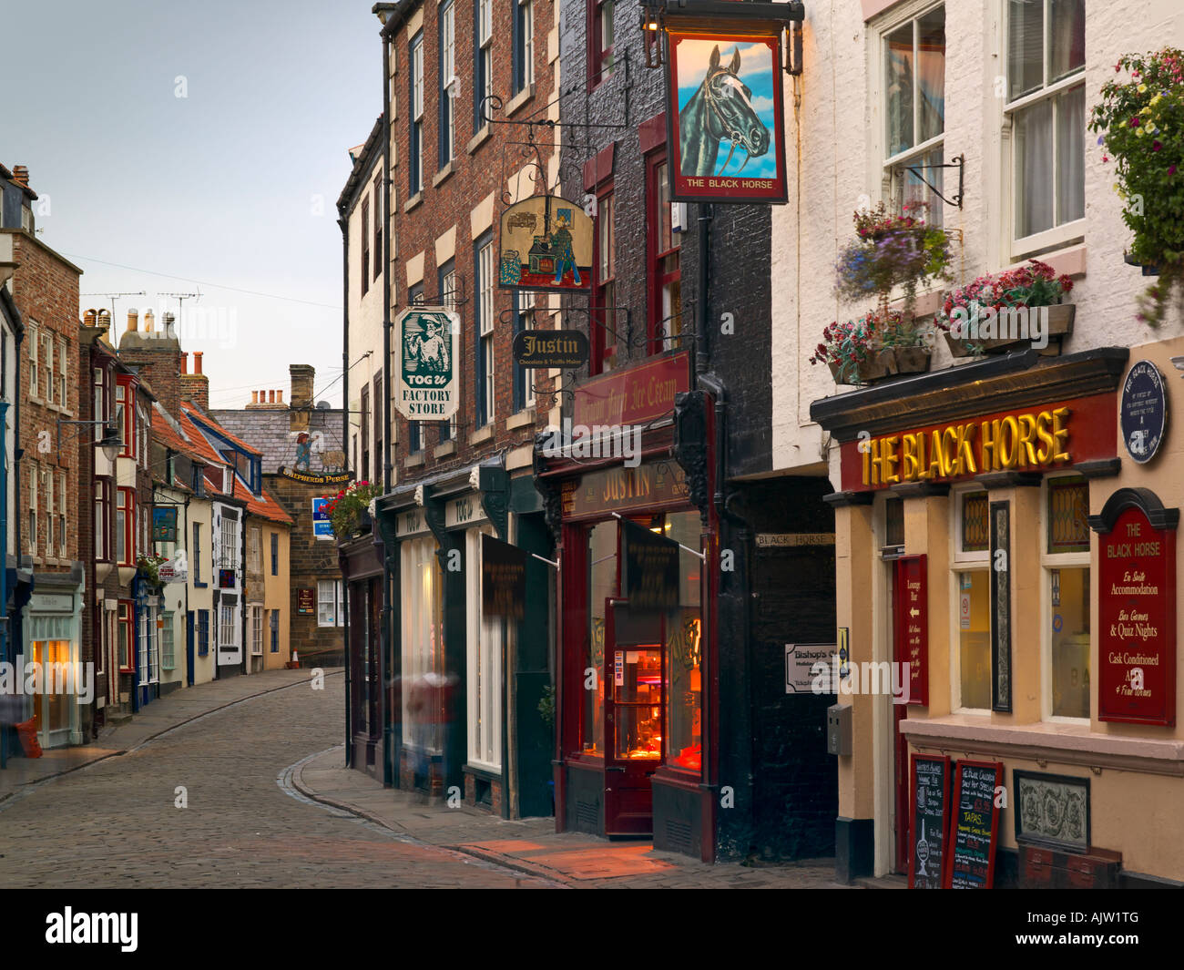 Long Exposure evening image in Church Street Whitby Stock Photo Alamy