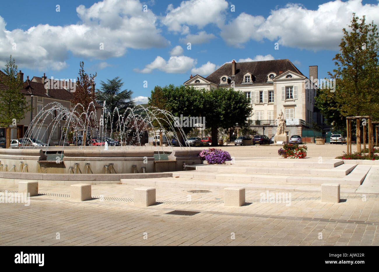 Town Centre of Santenay in The Cote de Beaune Region of France Fountain on the Town Square outside the Town Hall Building Stock Photo
