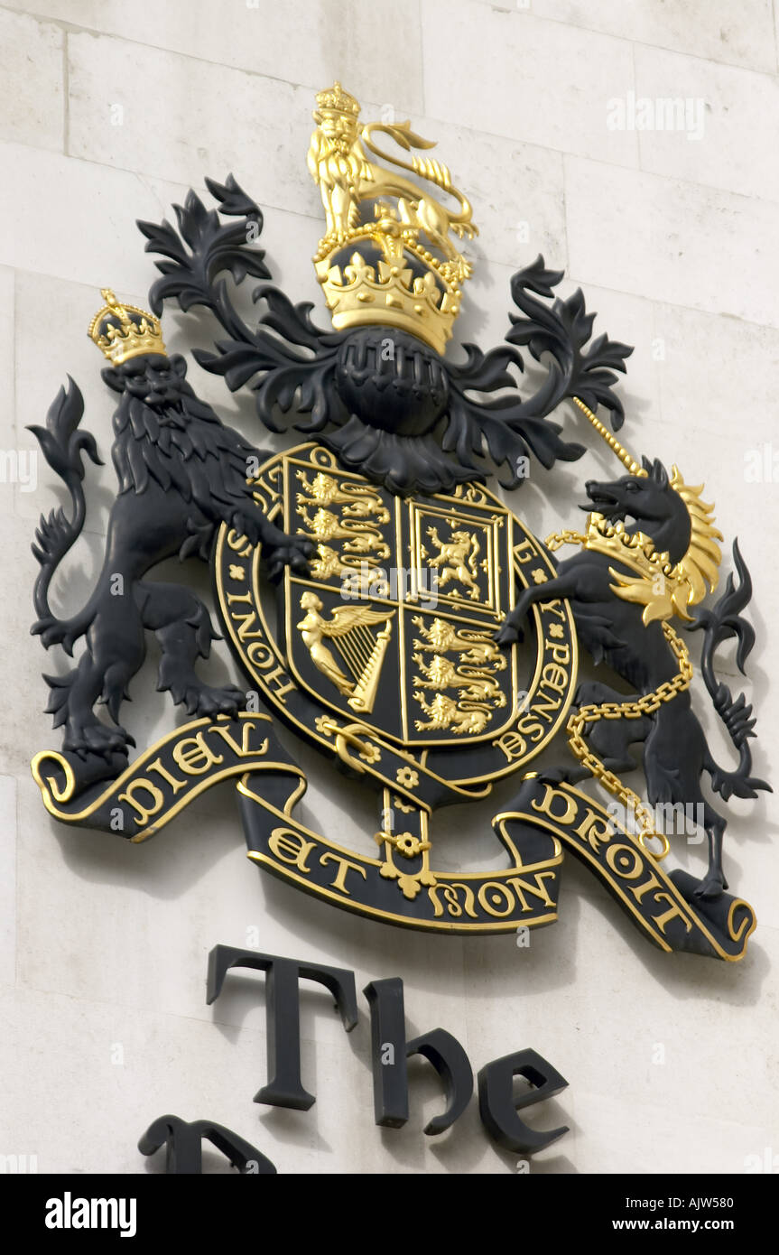 The Royal courts of Justice logo sign Strand London WC2 Stock Photo