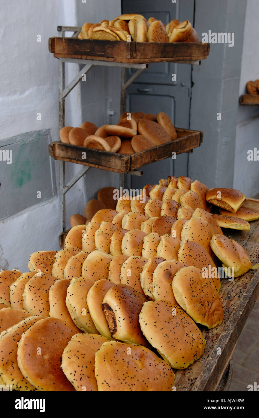 Typical local style of bread outside a bakery in Kairouan Tunisia Stock