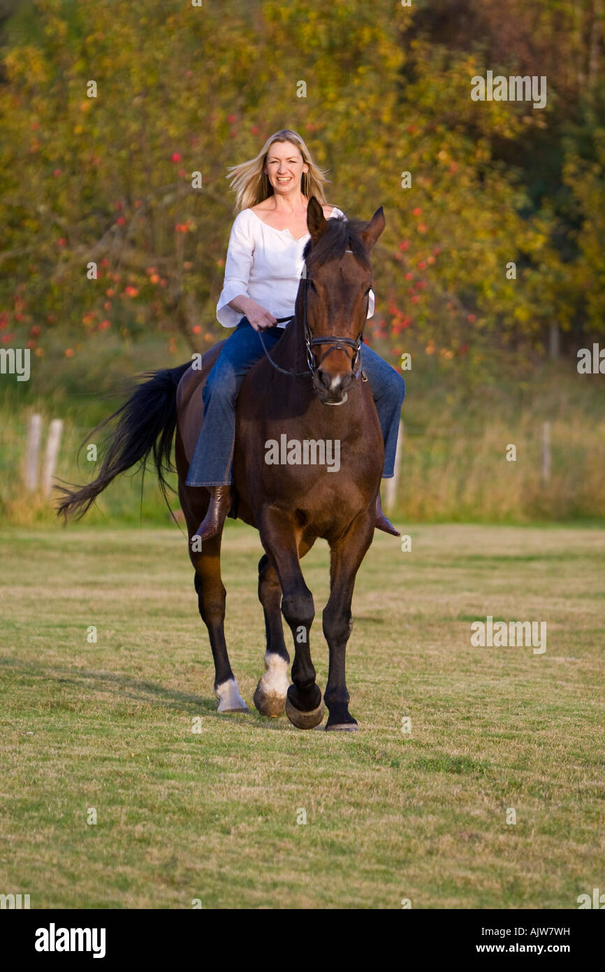An attractive young woman riding a horse bareback during the fall with an apple orchard in the