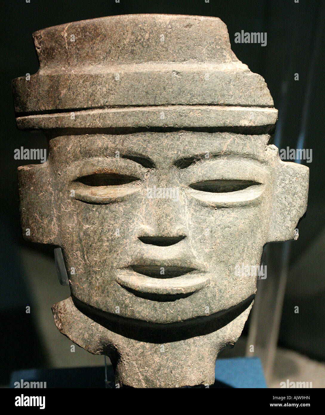 Stone sculpture of a chieftan's head excavated at Teotihuacan, the precolumbian archeological site near Mexico City. Stock Photo