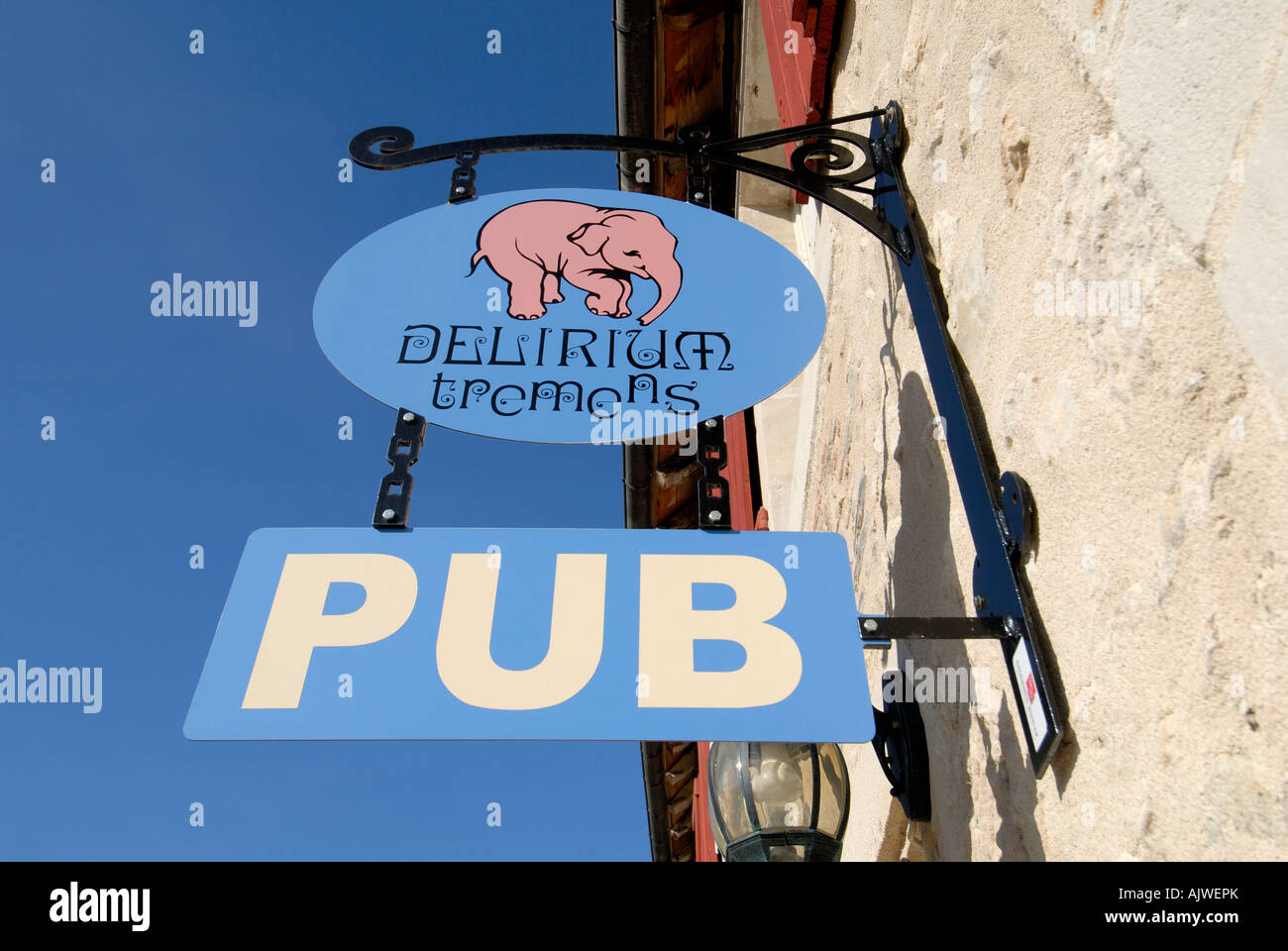 "Delirium Tremens" hanging pub sign, Montmorillon, Vienne, France. Stock Photo