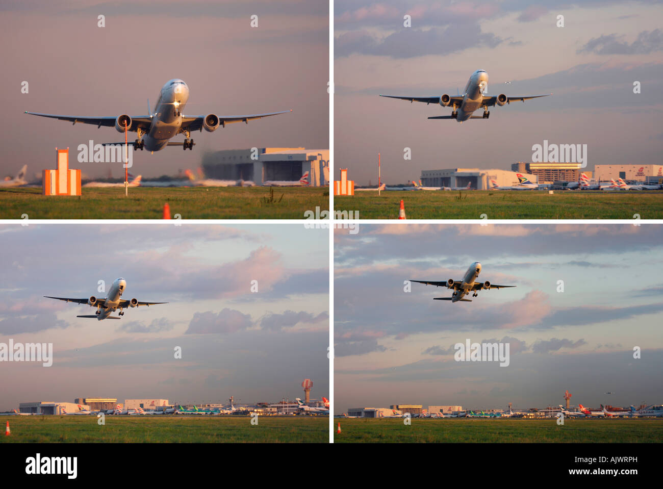 Composite image of Emirates Boeing 777-31H/ER taking off from runway 27R at London Heathrow Airport, UK Stock Photo