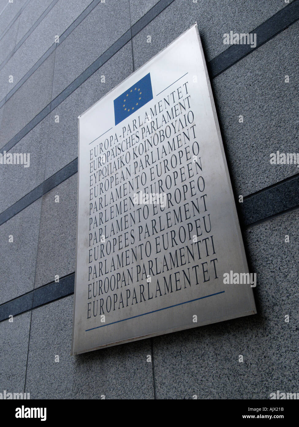 Sign on the european Parliament building in Brussels Belgium with text ...
