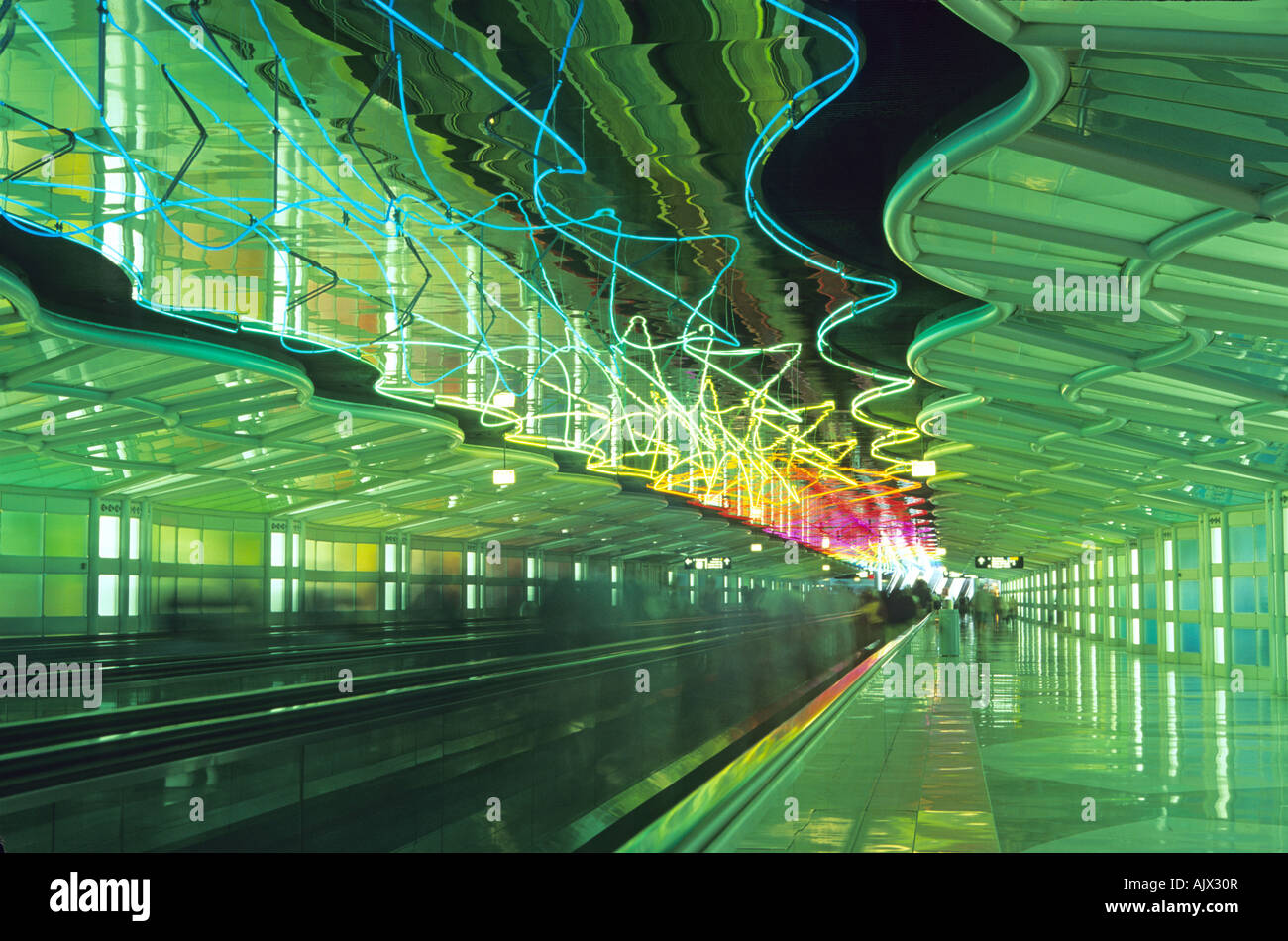 Neon lighting in corridor of the O'hare Airport, Chicago, Illinois Stock Photo