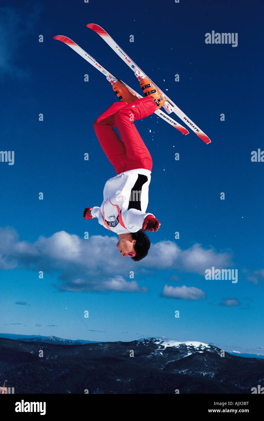 Man snow skiing. Somersaulting. Australia. Victoria, Mount Buller. Stock Photo