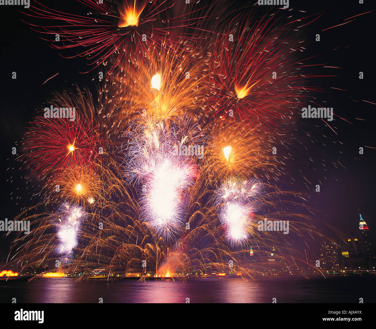 United States of America. New York City fireworks display over skyline ...