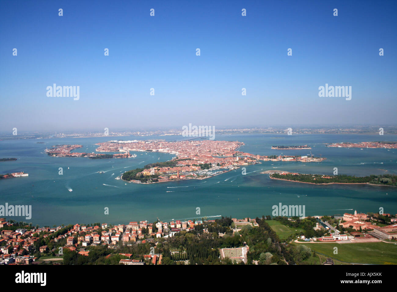 Venice Lido, the lagoon and Venice city seen from the air Stock Photo