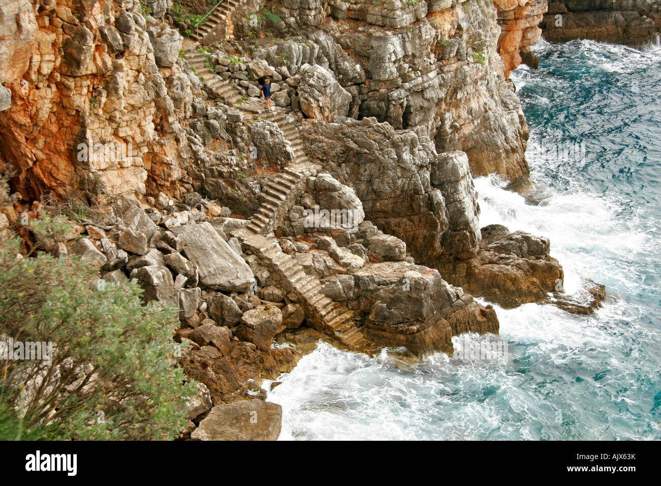 Kroatien, Steintreppe Gornje Celo Felsenkueste Insel Kolocep | Croatia, Stone stairs Gornje Celo rocky coast Island Kolocep Stock Photo