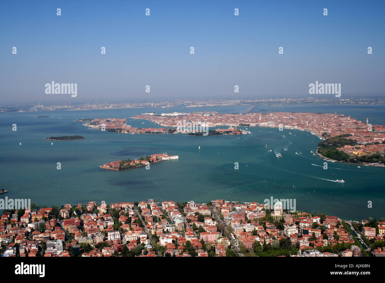 Venice Lido, the lagoon and the Italian city of Venice, seen from the air Stock Photo