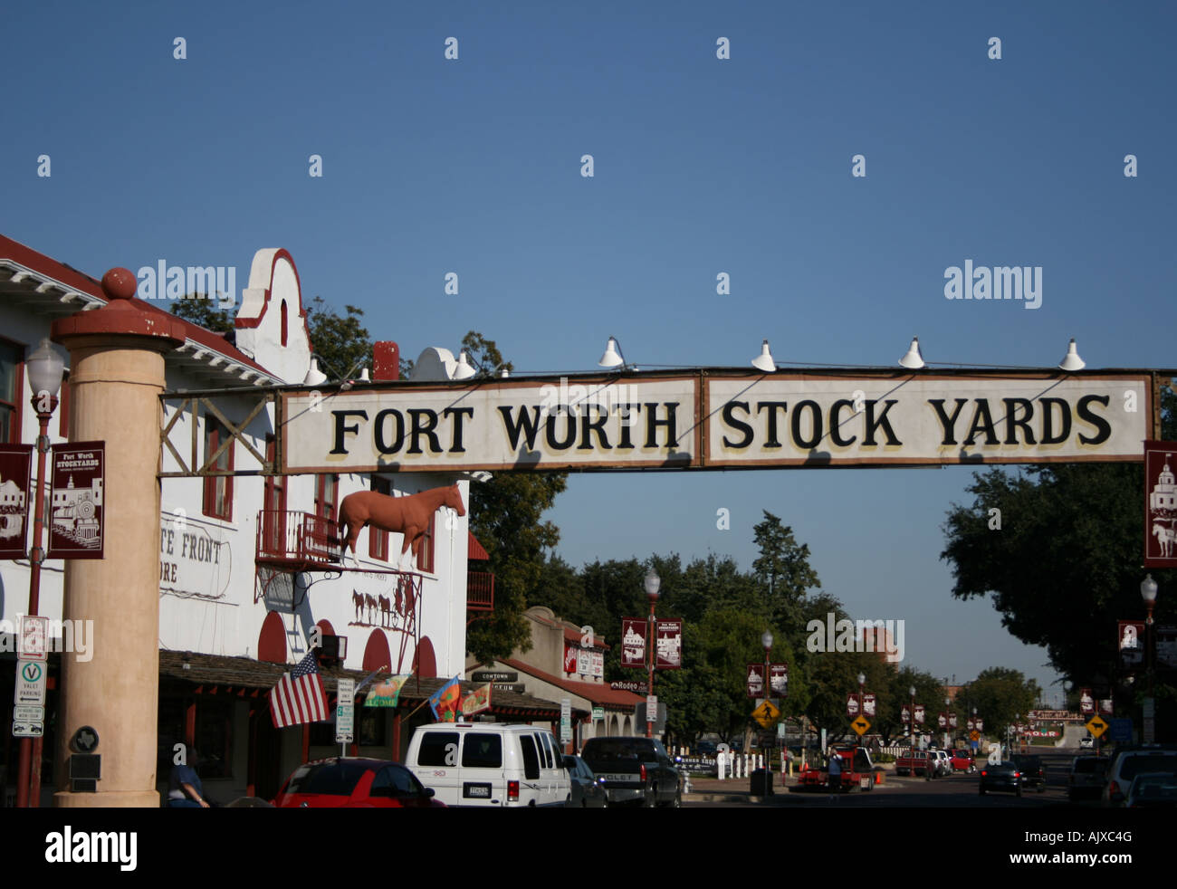 Western store and Fort Worth Stockyards sign on Exchange Avenue in