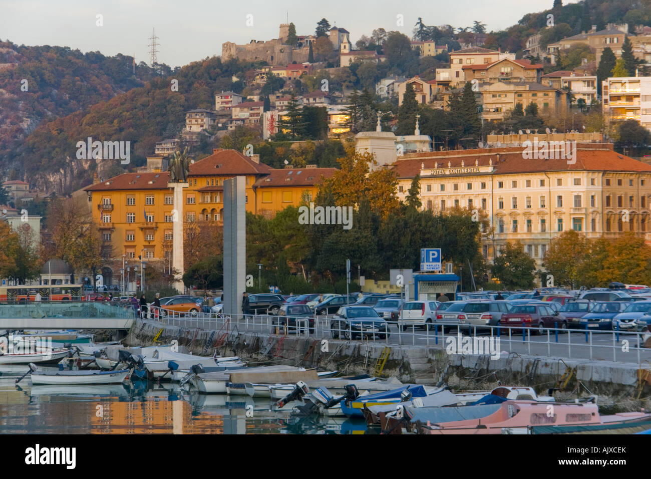 Rijeka in Croatia, 'Mrtvi kanal' and Trsat castle on hill in background Stock Photo