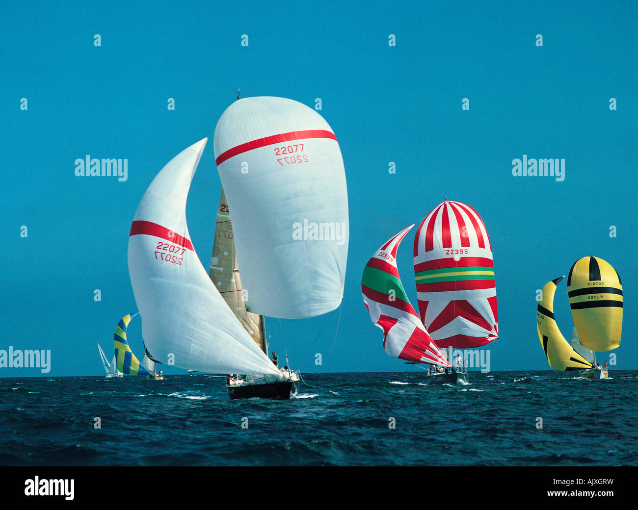 Yacht race. Boats with spinnaker sails. UK. Cowes. Isle of Wight. Stock Photo
