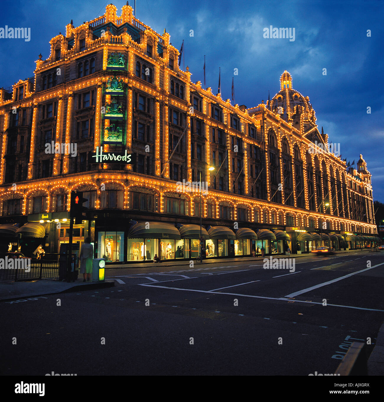 United Kingdom. England. London. Harrods Department Store at night
