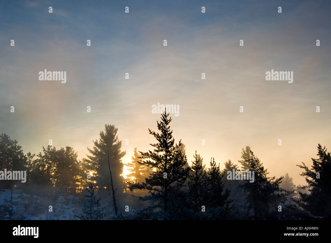 Tree silhouettes and rising mists from rapids of Wanapitei River at sunrise, Greater Sudbury, Ontario, Canada Stock Photo