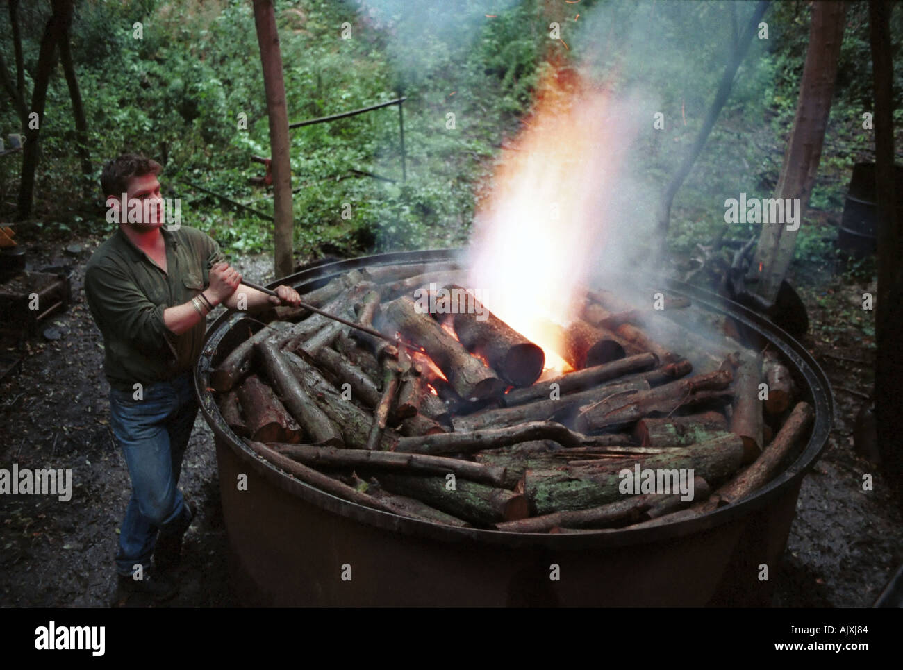 A charcoal burner at work in Warwickshire Stock Photo Alamy