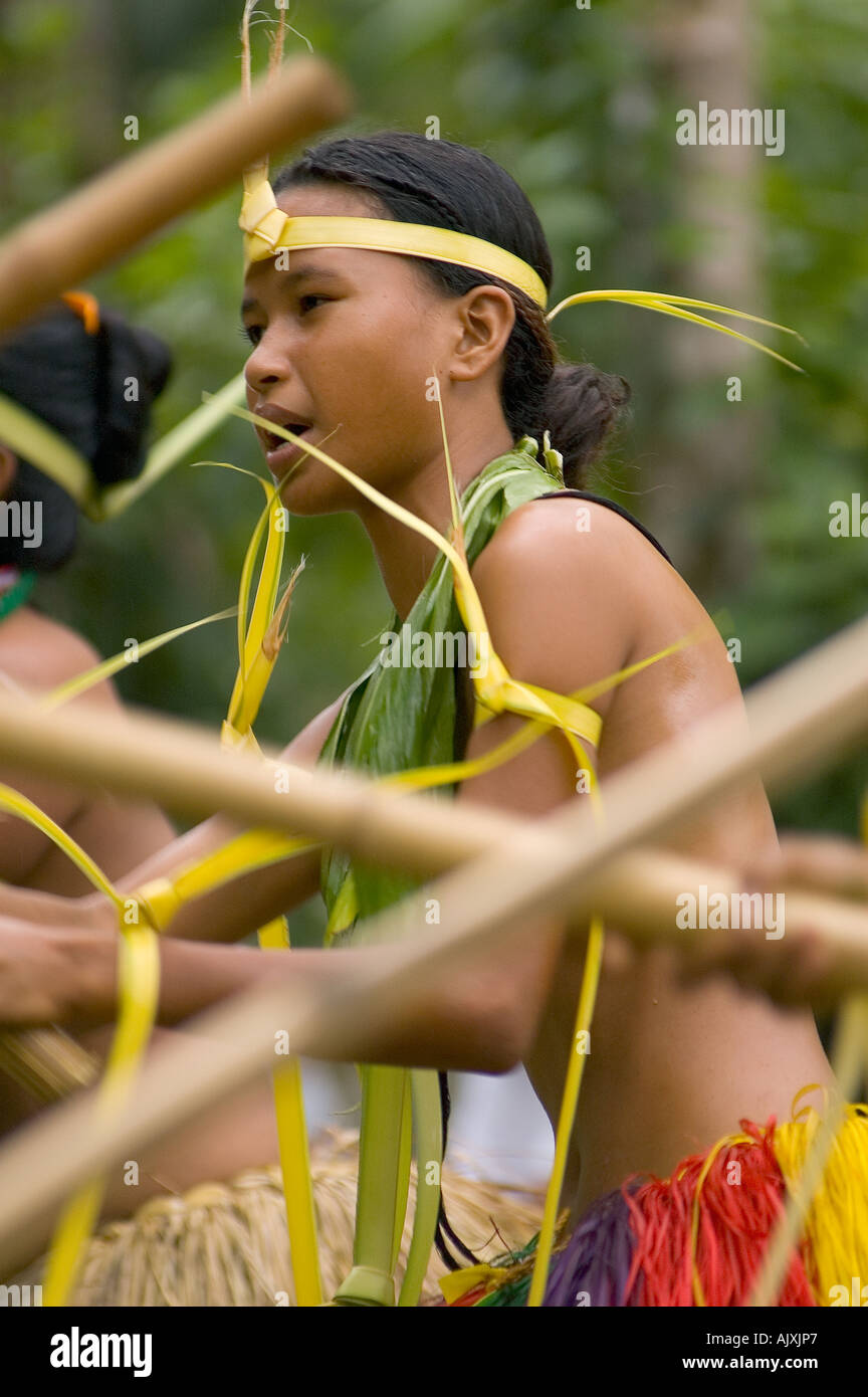 Yapese girl in traditional dress performing the Stick Dance Yap Micronesia Pacific Ocean No MR Stock Photo