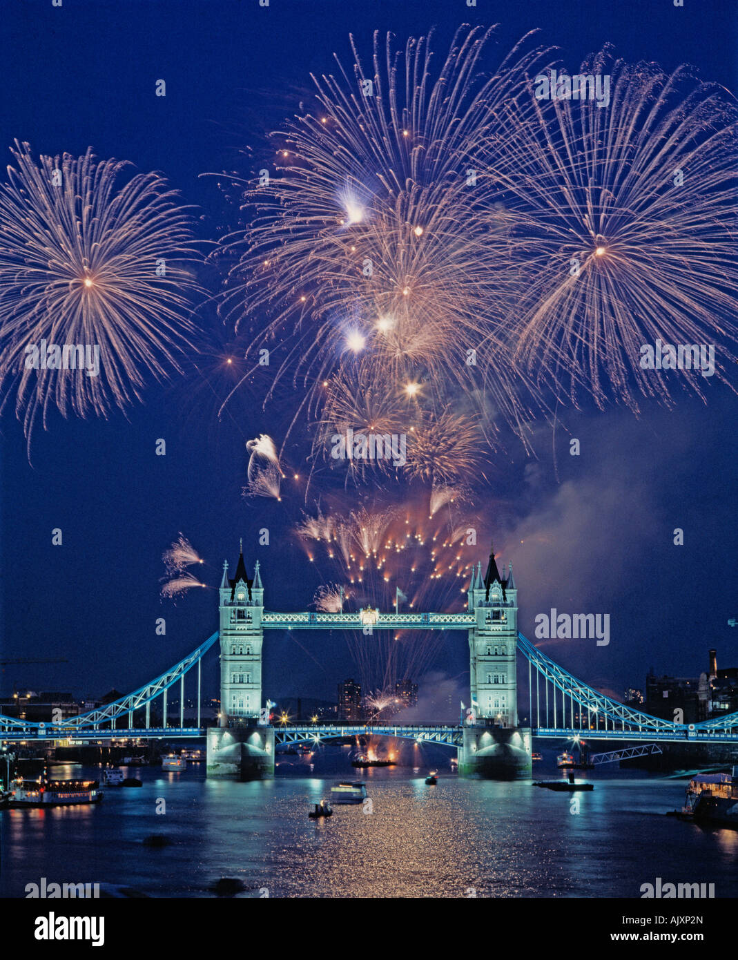 Travel, United Kingdom, England, London, Tower Bridge with fireworks, Stock Photo