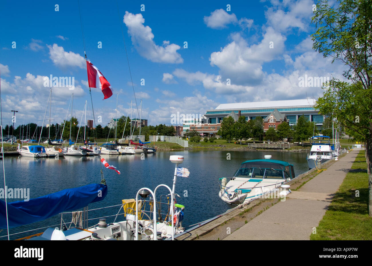 Thunder Bay Ontario Canada waterfront harbour and the Histroical CN Rail Station at Prince Arthur Landing Park and Lake Superior Stock Photo