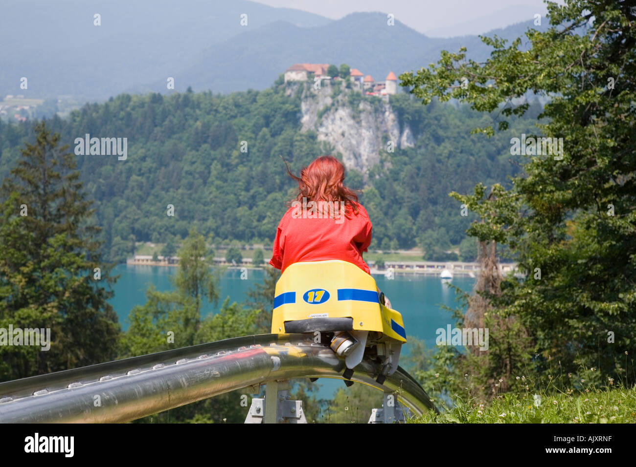 Woman on summer toboggan ride down Straza ski slope above Lake Bled  Slovenia Stock Photo - Alamy