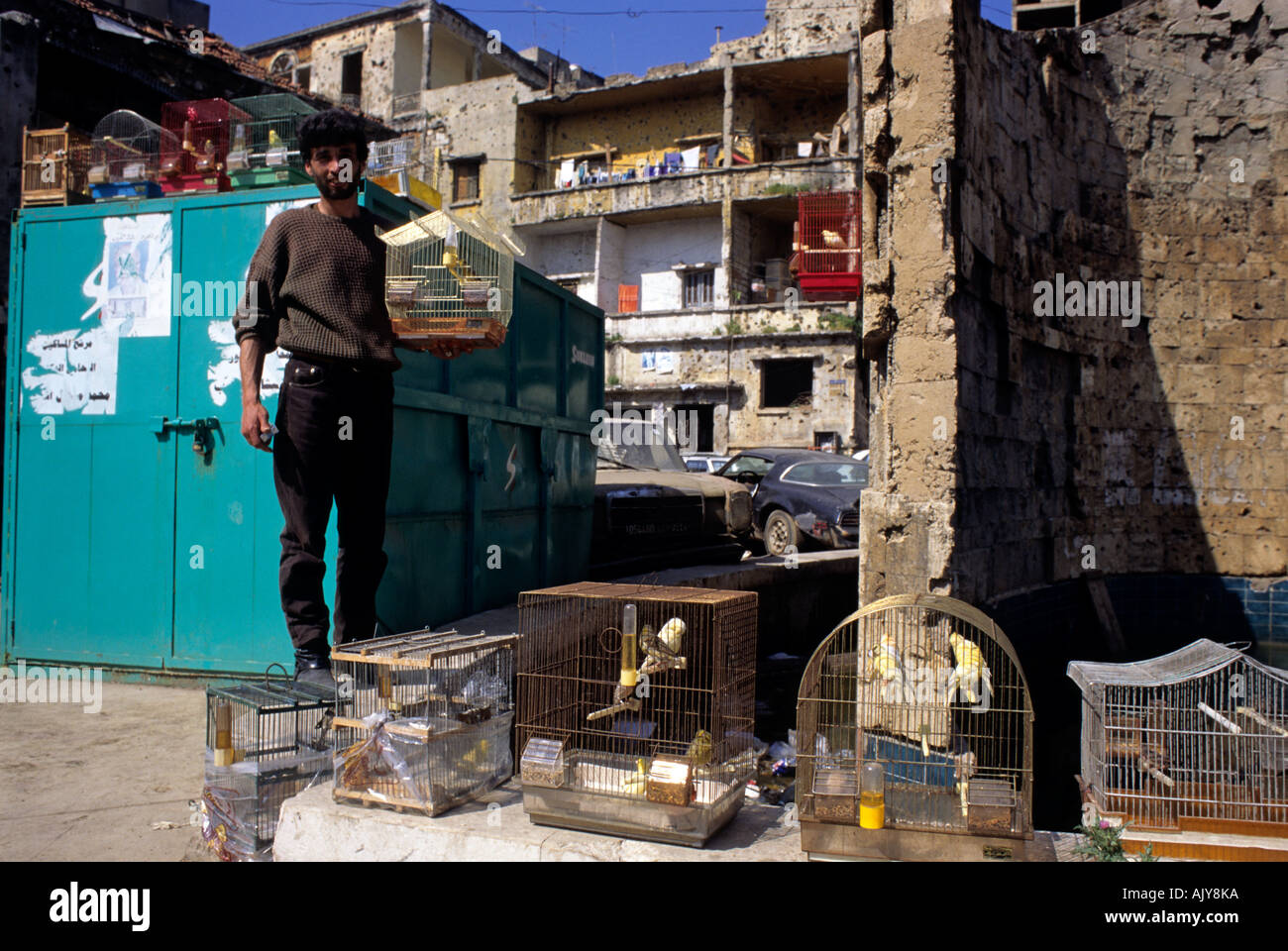 Men selling birds in cages Beirut Lebanon Stock Photo
